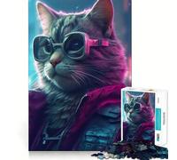 Jigsaw 1000 Pieces Cat Glasses Jacket Future Perfect Edge Play Cognitive Fun Play Slow Play Fun Xmas Art Display (38x26cm)