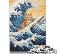 Jigsaw 1000 Pieces Cat Surfing Japanese Wave Puzzle Jigsaw Adults Puzzles Jigsaw Education Game Educational Toys Gifts Jigsaw Puzzles 1000pcs (75x50cm)