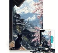 Jigsaw 1000 Pieces Cat Watching Mt. Fuji Accurate Cut Fun Mental Skill Game Rest Time Game Festive Leisure Gift (50x75cm)