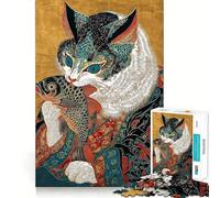 Jigsaw 1000 Pieces Cat with Fish in Ukiyo-e Style Exact Cut Art Creative Brain Game Calm Play Time Birthday Hobby Gift (38x52cm)