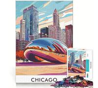 Jigsaw 1000 Pieces Chicago Skyline with Cloud Gate Exact Cut Art Creative Brain Game Calm Play Time Birthday Hobby Gift (50x75cm)