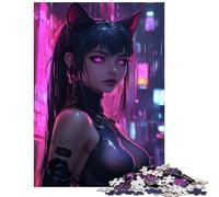 Jigsaw 1000 Pieces Cyberpunk Catgirl in Neon Cityscape Fun Activities at Home Pattern Assembly Home Decoration Toys for 14+ Puzzle Game Offered (50x75cm)