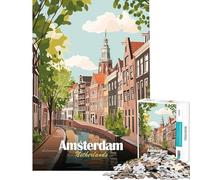 Jigsaw 1000 Pieces for Adults Amsterdam Netherlands Canal Cityscape Illustration Brain Intelligence Challenge Addictive Toys Hands-on Game Wall Art Gifts Ideas (size 38x26cm)