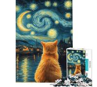 Jigsaw 1000 Pieces for Adults Animal Cat Gazing at Starry Night Puzzles for Adults Toy Wall Decor Difficult Challenge Deal As Gifts for The Whole Family (Size 38x52cm)
