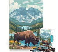 Jigsaw 1000 Pieces for Adults Bison by Waterfall Accurate Joint Fun Smart Play Gift Peace Time Play Birthday Decor Gift (50x75cm)