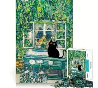 Jigsaw 1000 Pieces for Adults Black Cat by The Window Painting Accurate Joint Fun Smart Play Gift Peace Time Play Birthday Decor Gift (38x26cm)
