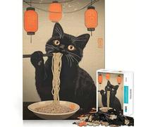 Jigsaw 1000 Pieces for Adults Black Cat Eating Ramen Noodles Art Accurate Joint Fun Smart Play Gift Peace Time Play Birthday Decor Gift (38x52cm)
