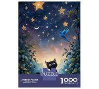Jigsaw 1000 Pieces for Adults Black Cat Stargazing with Bluebird Jigsaw for Adults Relax Games Difficult Hard Deal As Gifts for The Whole Family 70x50cm/1000pcs