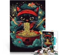 jigsaw 1000 pieces for adults Black Cat with a red bandana enjoying eating ramen noodles Familienaktivität Geschenkideen38x52cm