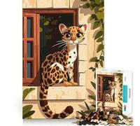 Jigsaw 1000 Pieces for Adults Cartoon Leopard on Window Sill Neat Fit Decor Focus Building Toy Peace Game Play Birthday Decor Gift (50x75cm)