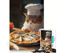 Jigsaw 1000 Pieces for Adults Cat Chef with Fish Pizza Exact Cut Art Creative Brain Play Leisure Play Fun Birthday Game Gift (38x52cm)