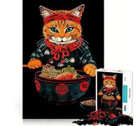 Jigsaw 1000 Pieces for Adults Cat Chef with Ramen Bowl Illustration Neat Fit Decor Focus Building Toy Peace Game Play Birthday Decor Gift (38x26cm)