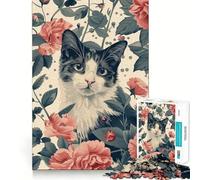 Jigsaw 1000 Pieces for Adults Cat in Floral Garden Neat Fit Decor Focus Building Toy Peace Game Play Birthday Decor Gift (38x52cm)