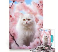 Jigsaw 1000 Pieces for Adults Cat in Spring Pink Bloom Exact Cut Art Creative Brain Play Leisure Play Fun Birthday Game Gift (38x52cm)