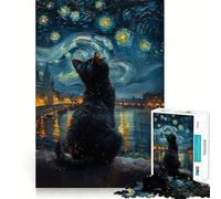 Jigsaw 1000 Pieces for Adults Cat In The Starry Night Exact Cut Art Creative Brain Play Leisure Play Fun Birthday Game Gift (38x52cm)