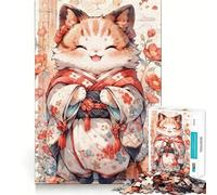 Jigsaw 1000 Pieces for Adults Cat Kimono Japan Neat Fit Decor Focus Building Toy Peace Game Play Birthday Decor Gift (38x26cm)