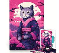 Jigsaw 1000 Pieces for Adults Cat Samurai Kimono Pixel Tight Cut Fun Brain Teaser Gift Leisure Fun Time Xmas Decor Gift (38x26cm)