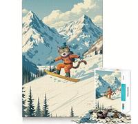 Jigsaw 1000 Pieces for Adults Cat Snowboarding in The Mountains Tight Cut Fun Brain Teaser Gift Leisure Fun Time Xmas Decor Gift (50x75cm)