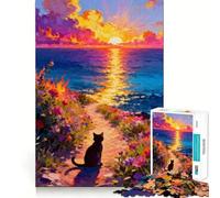 Jigsaw 1000 Pieces for Adults Cat Watching Sunset by The Sea Tight Cut Fun Brain Teaser Gift Leisure Fun Time Xmas Decor Gift (50x75cm)