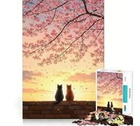 Jigsaw 1000 Pieces for Adults Cats Beneath The Sakura Sunset Tight Cut Fun Brain Teaser Gift Leisure Fun Time Xmas Decor Gift (38x52cm)