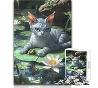 Jigsaw 1000 Pieces for Adults Cornish Rex Cat And Frog on Lily Pad Unwind during Free Time Clean Cut Seamless Interlock Toy Size 38x52cm
