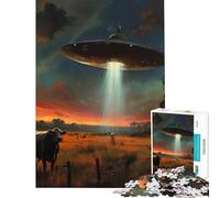 Jigsaw 1000 Pieces for Adults Cow And Alien Spaceship Educational Game Brain Intelligence Challenge Addictive Toys Funny Gifts Family Activities (Size 38x26cm)