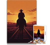 Jigsaw 1000 Pieces for Adults Cowboy Silhouette on Railroad at Sunset Relaxing Peaceful Indoor Fun Accurate Piece Cutting Play Toy Size 38x26cm