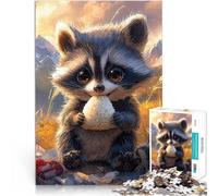 jigsaw 1000 pieces for adults Cute Raccoon Eating Rice Ball For Family Fun is ideal as a gift for the whole family 50x70cm