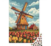 Jigsaw 1000 Pieces for Adults Dutch Windmill with Tulips Adult Jigsaw Puzzle Family Games Analysis And Logic Deal As Gifts for The Whole Family 38x26cm/1000pcs