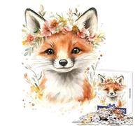 Jigsaw 1000 Pieces for Adults Fox with Floral Crown Jigsaw Puzzles for Adults Birthday Present Every Piece Is Unique - Challenging Game Gifts (50x75cm)