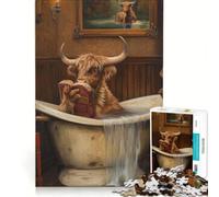 Jigsaw 1000 Pieces for Adults Highland Cow Bathroom Book Educational Game Difficult And Challenge Artists Collection Fine Art 38x52cm
