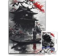 Jigsaw 1000 Pieces for Adults Japanese Temple on Water with Boat Wonderful for Lazy Leisure Days Reliable Tight Fitting Cut Toy Size 38x26cm