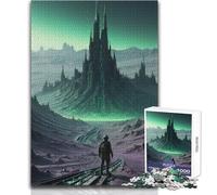 Jigsaw 1000 Pieces for Adults Lone Traveler Before The Emerald Spire - Dystopian Alien Landscape Unwind during Free Time Clean Cut Seamless Interlock Toy Size 38x26cm