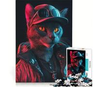 Jigsaw 1000 Pieces for Adults Neon Cyberpunk Cat Hands-on Game Hand Speed Race with Fully Interlocking Randomly Shaped Pieces 38x26cm