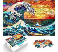 jigsaw 1000 pieces for adults Stained glass Hokusai wave pädagogische Herausforderung Geburtstagsgeschenk, Geschenke75x50cm