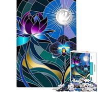 Jigsaw 1000 Pieces for Adults Stained Glass Lotus And Orchid in Moonlight 1000 Piece Jigsaws Educational Toy Birthday Present Family Fun & Game Night (38x26cm)
