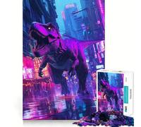 Jigsaw 1000 Pieces for Adults T-Rex in Neon City Dinosaur Exact Cut Art Creative Brain Play Leisure Play Fun Birthday Game Gift (38x52cm)