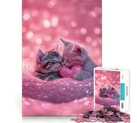 Jigsaw 1000 Pieces for Adults Two Kittens with Heart Exact Cut Art Creative Brain Play Leisure Play Fun Birthday Game Gift(38x26cm)
