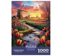 Jigsaw 1000 Pieces for Adults Windmills & Tulips at Sunset Jigsaw for Adults Relax Games Difficult Hard Deal As Gifts for The Whole Family 38x26cm/1000pcs