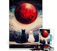 Jigsaw 1000 Pieces for Teenagers Black And White Cats Under Red Moon Exact Edge Art Problem Solve Fun Cozy Time Game Xmas Art Display (50x75cm)