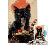 Jigsaw 1000 Pieces for Teenagers Black Cat Eating Ramen Help The Brain Exercise Wall Art Home Decoration Toys Suitable for People Aged 14 And Above (38x26cm)