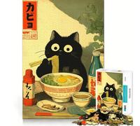 Jigsaw 1000 Pieces for Teenagers Black Cat Eating Ramen Illustration Exact Edge Art Problem Solve Fun Cozy Time Game Xmas Art Display (38x26cm)