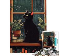 Jigsaw 1000 Pieces for Teenagers Black Cat Gazing at Rainy Window Difficult And Challenge Pattern Assembly Impossible Game Suitable for People Aged 14 And Above (38x26cm)