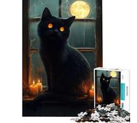 Jigsaw 1000 Pieces for Teenagers Black Cat in Window with Candles Toys Educational Games Relaxing Games For Family Fun Secret Santa Gifts (Size 38x52cm)