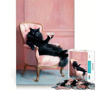 Jigsaw 1000 Pieces for Teenagers Black Cat with Martini in Pink Chair Precise Cut Art, Brain Exercise Toy, Relax Play Time, Birthday Fun Play (38x52cm)