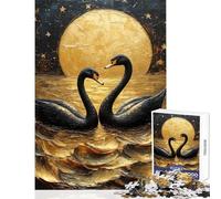 Jigsaw 1000 Pieces for Teenagers Black Swans Under Golden Moon Painting Relax Games Difficult Challenge Anti-Stress Toys with Fully Interlocking Randomly Shaped Pieces (38x52cm)