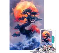 Jigsaw 1000 Pieces for Teenagers Bonsai Tree, Moon, And Ocean Waves Educational Challenge Wall Decoration Relaxing Games for And from 14 Years And over (38x26cm)