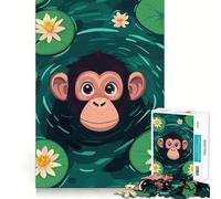 Jigsaw 1000 Pieces for Teenagers Cartoon Monkey in Lily Pond Illustration Precise Edge Art Mind Training Fun Quiet Game Time Birthday Art Gift (38x26cm)