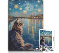 Jigsaw 1000 Pieces for Teenagers Cat Gazing at Starry Night River Ideal for Cozy Downtime Fine Precision Die Cut Play Toy Size 38x52cm