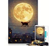 Jigsaw 1000 Pieces for Teenagers Cat on A Wire, Full Moon Exact Edge Art Smart Mind Activity Cozy Time Game Birthday Art Gift (38x26cm)